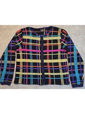 Christina Rotelli Vtg Black Cardigan Sweater Multicolored Colorful Plaid Women M